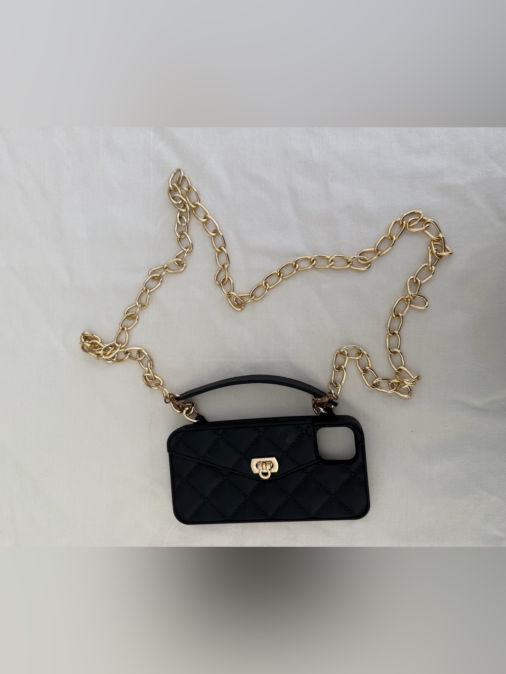 Black Quilted Crossbody Phone Bag with Gold Chain